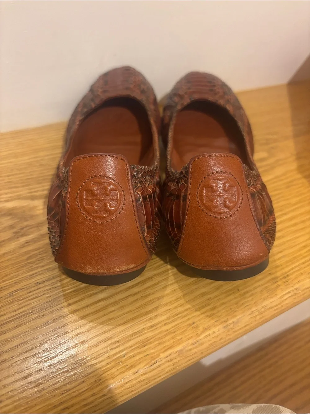 Tory Burch Brown Snakeskin-Texture Leather Ballet Flats